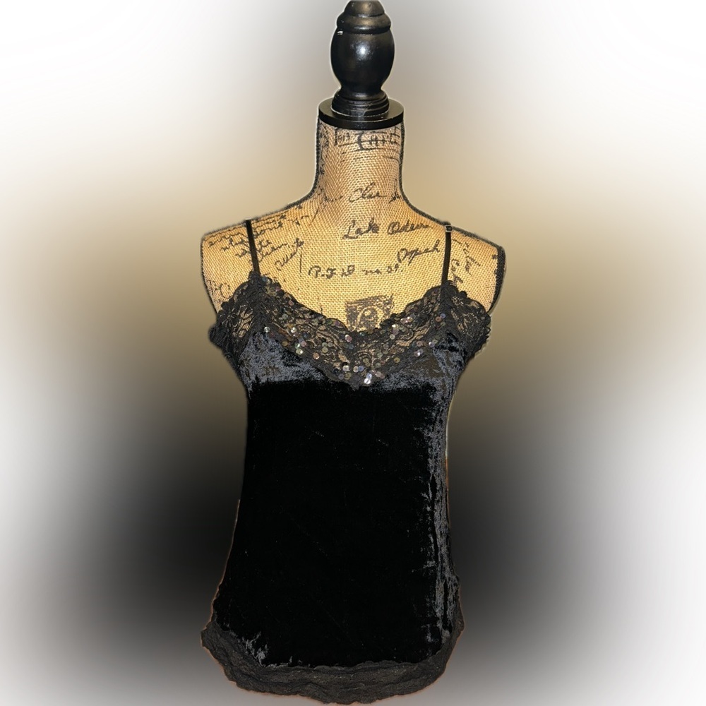 NWT 00s Vintage Y2K Velvet Lace Trim V Neck Camisole Sequins Embellished L